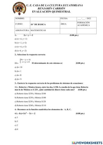 Evaluacion quimestral 10 de basica