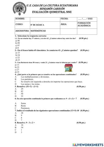 Evaluaacion quimestral 8 de basica nne