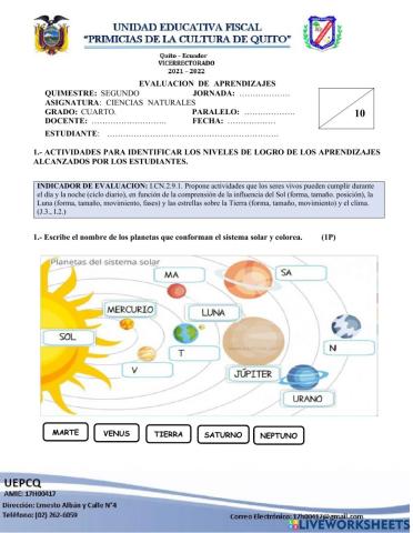 EVALUACIÓN DE CIENCIAS NATURALES QUIMESTRE II