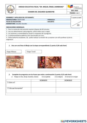 Examen del II Quimestre de Estudios Sociales