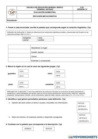 Evaluación quimestral de ciencias