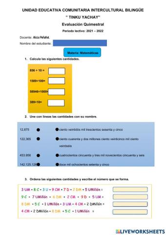 Evaluación Quimestral Matemáticas