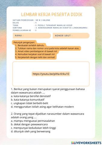 Lembar Kerja Peserta Didik Kelas IV Tema 3 Subtema 2