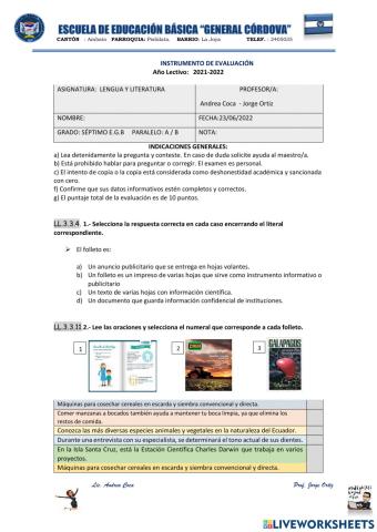 Evaluación quimestral lengua séptimo