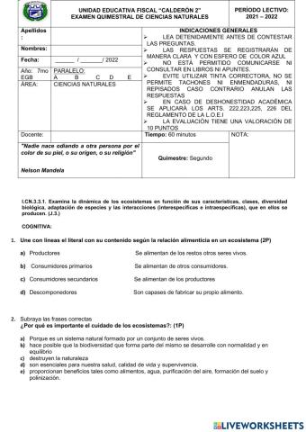 EXAMEN SEGUNDO QUIMESTRE  CIENCIAS NATURALES