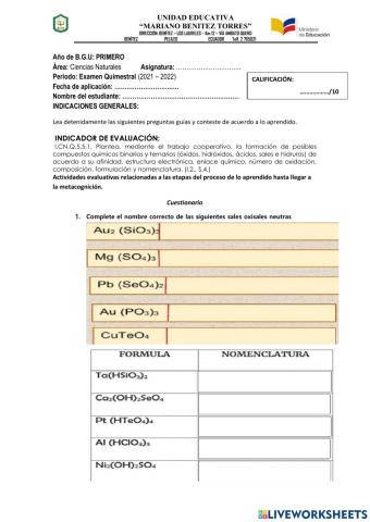 Examen de Quimica I BGU