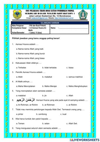 Ulangan Harian PAI KD 3.5 Asmaul Husna