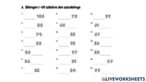 Bilangan 1-100 Sebelum dan Sesudahnya A