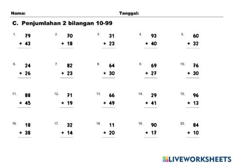 Penjumlahan 2 Bilangan 10-99 C