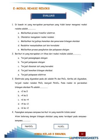 Soal evaluasi reaksi redoks