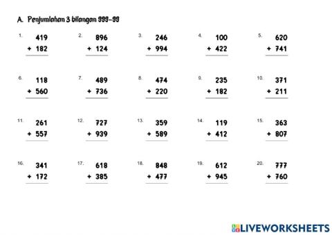 Penjumlahan 3 Bilangan 999-99