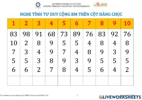 Tính tư duy +bm trên cột hàng chục