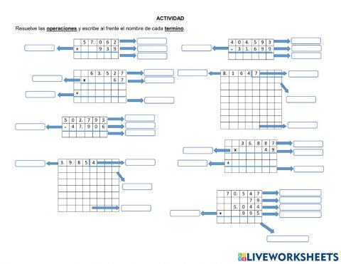 Terminos de operaciones matematicas basicas