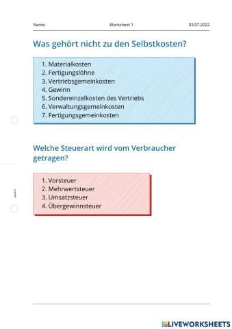 Beispiel Arbeitsblatt Wirtschaft Studium