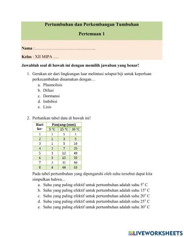 Soal Pertumbuhan dan Perkembangan Pertemuan 1