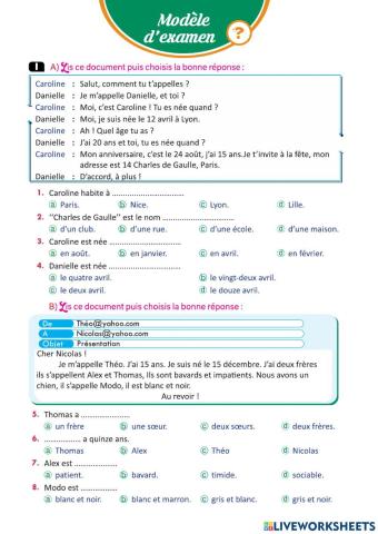 Examen première année secondaire Unité 2 Leçon 2 « Demander et dire l'âge et la date d'anniversaire »