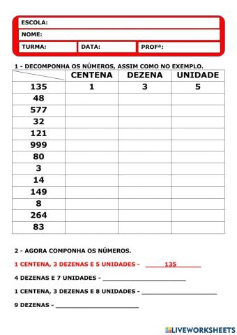 Centena, dezena e unidade