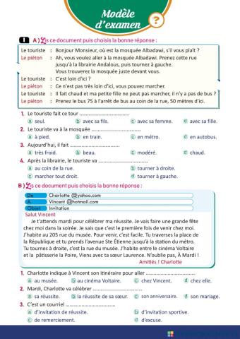 2016 Examen pour la deuxième année secondaire Unité 1 Leçon 2 « Indiquer un itinéraire »