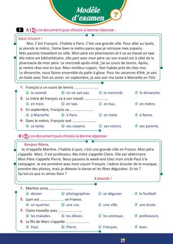 2018 Examen pour la deuxième année secondaire Unité 1 Leçon 3 « Parler des professions »