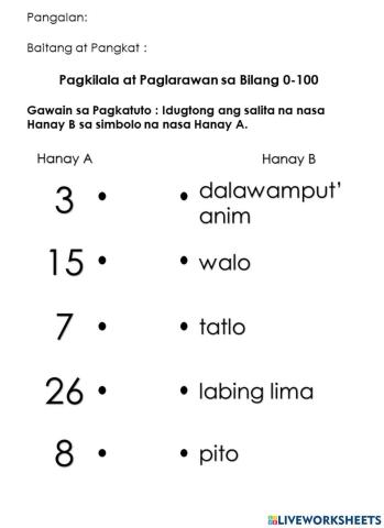 Pagkilala at Paglarawan sa Bilang 0-100