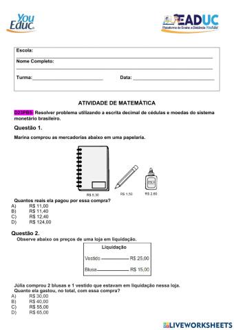 Atividade de matemática