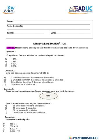 Atividade de matemática