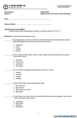 EPP 5 Worksheet 1