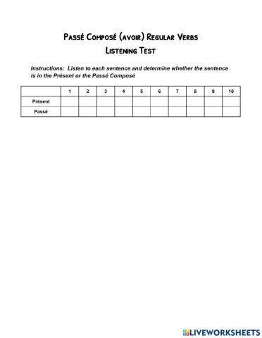 Passé Composé Listening Test Answer Sheet