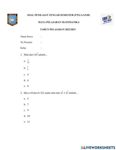 SOAL PTS MATEMATIKA KELAS X