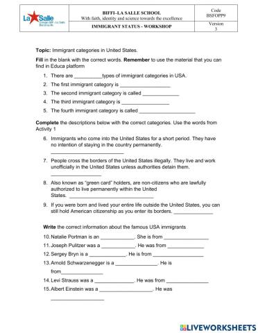 Immgrant categories in USA