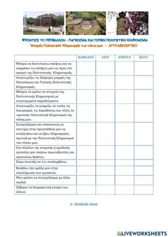 Μνημεία Πολιτιστικής Κληρονομιάς του τόπου μου - ΑΥΤΟΑΞΙΟΛΟΓΗΣΗ