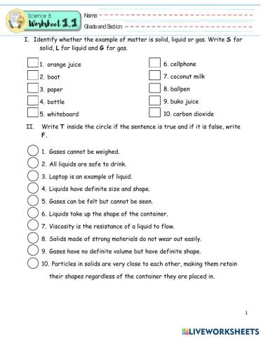 Worksheet 1.1 (states of matter)