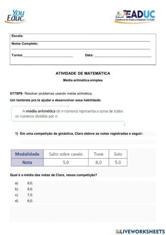 Atividade de matemática