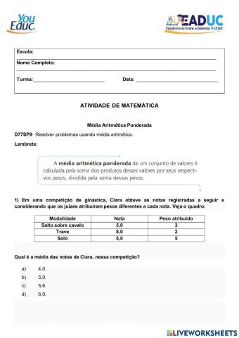 Atividade de matemática