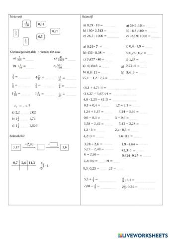 Műveletek tizedes törtekkel