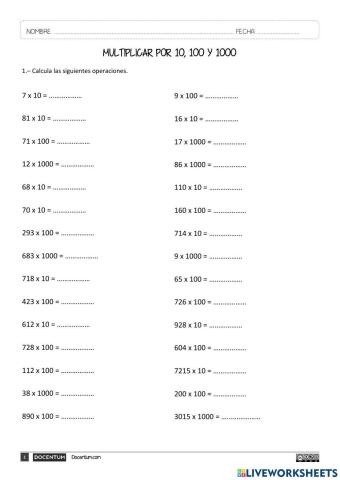 Repaso de multiplicar por 10, 100 y 1000