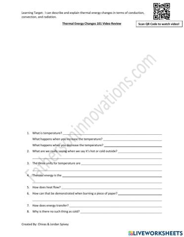 Thermal Energy Changes Drop down notes