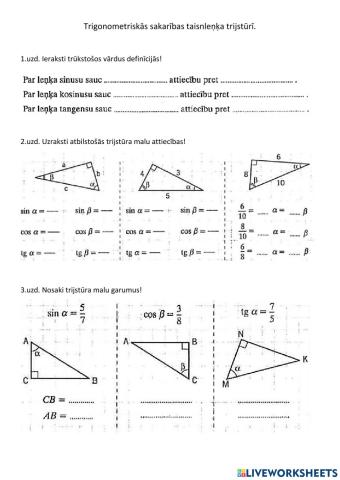 Trigonometriskās sakarības taisnleņķa trijstūrī