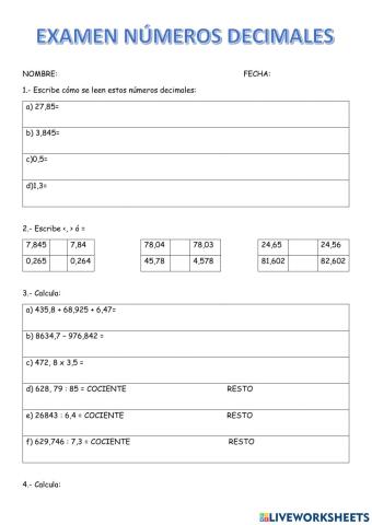 Examen números decimales