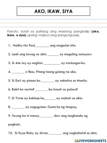 Panghalip (ako, ikaw, siya) worksheet