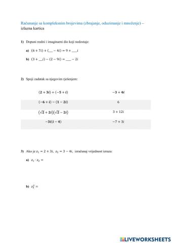 Računanje sa kompleksnim brojevima-izlazna kartica