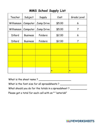 MMS School Supply List