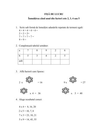 Inmulțirea când unul din factori este 2, 3, 4 sau 5