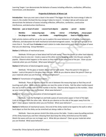 Properties and Behavior of Waves Lab