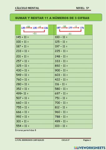 Sumar y restar 11 números de 3 cifras