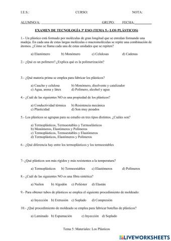 Examen Tema 5.-Los plásticos