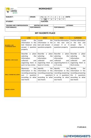 Cycle 2 - Worksheet  my favourite place