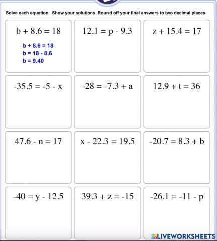 One Step Equations with Decimals (addition & subtraction)