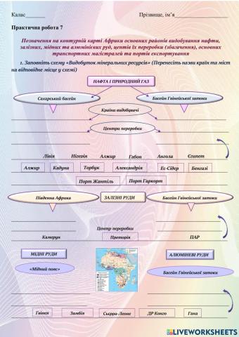 10 клас Позначення на контурній карті Африки основних районів видобування нафти, залізних, мідних та алюмінієвих руд