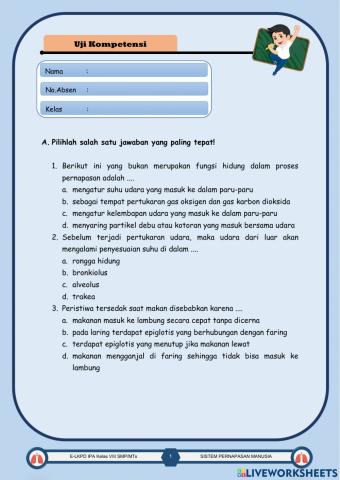 Soal Evaluasi sistem pernapasan manusia kelas VIII